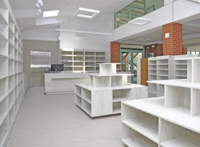 Furniture made from laminated board in a library.